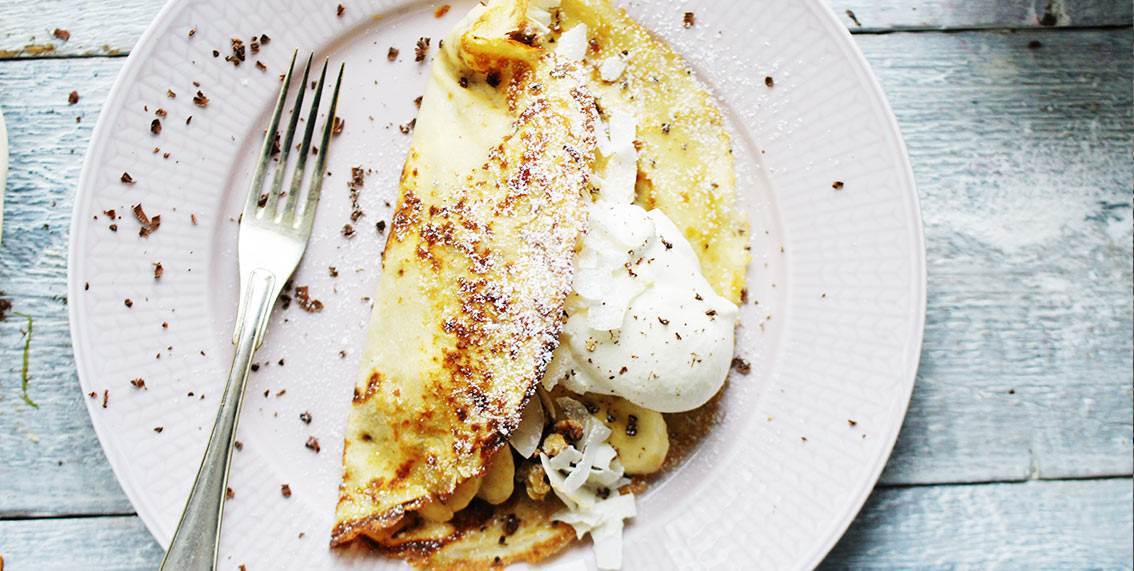 Crepes med banan, kokos og nutella